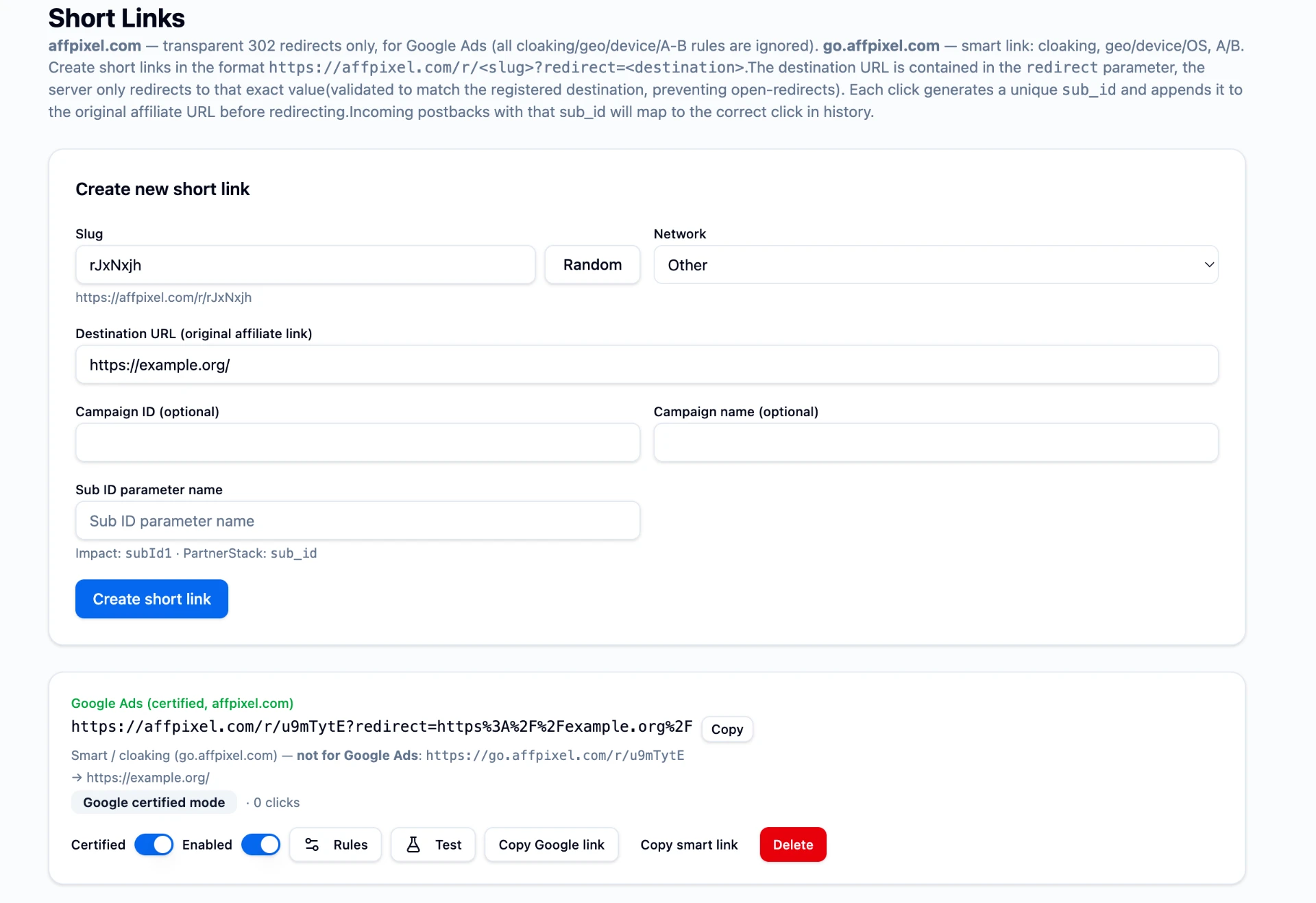 AffPixel Short Links page showing the create-link form and a generated Google Ads certified link